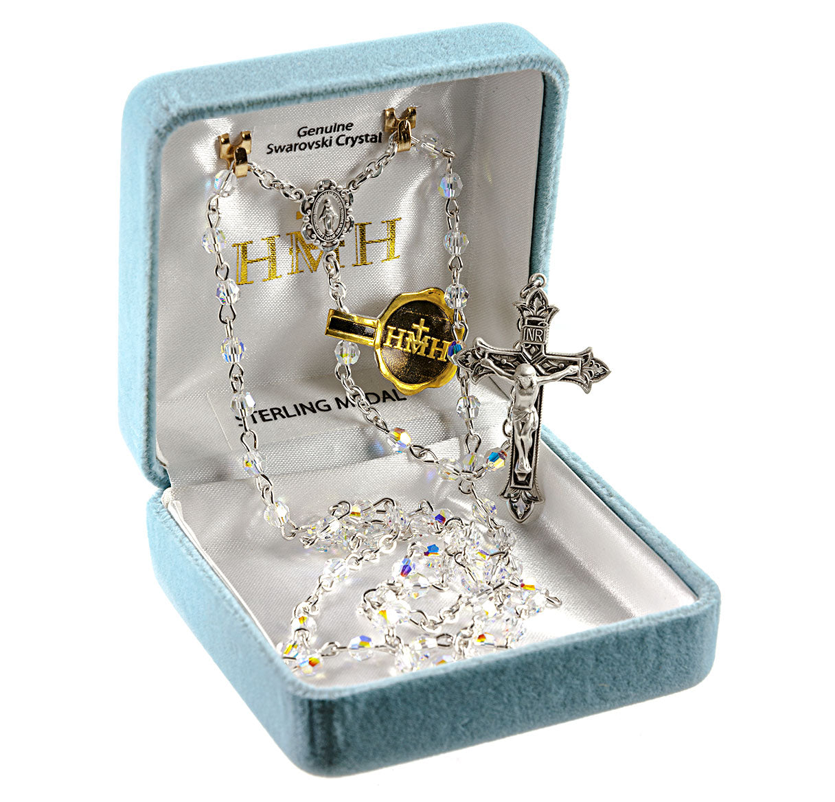 Sterling Silver Rosary Handmade with finest Austrian Crystal 4mm Aurora Borealis Faceted Beads by HMH | .925 Silver