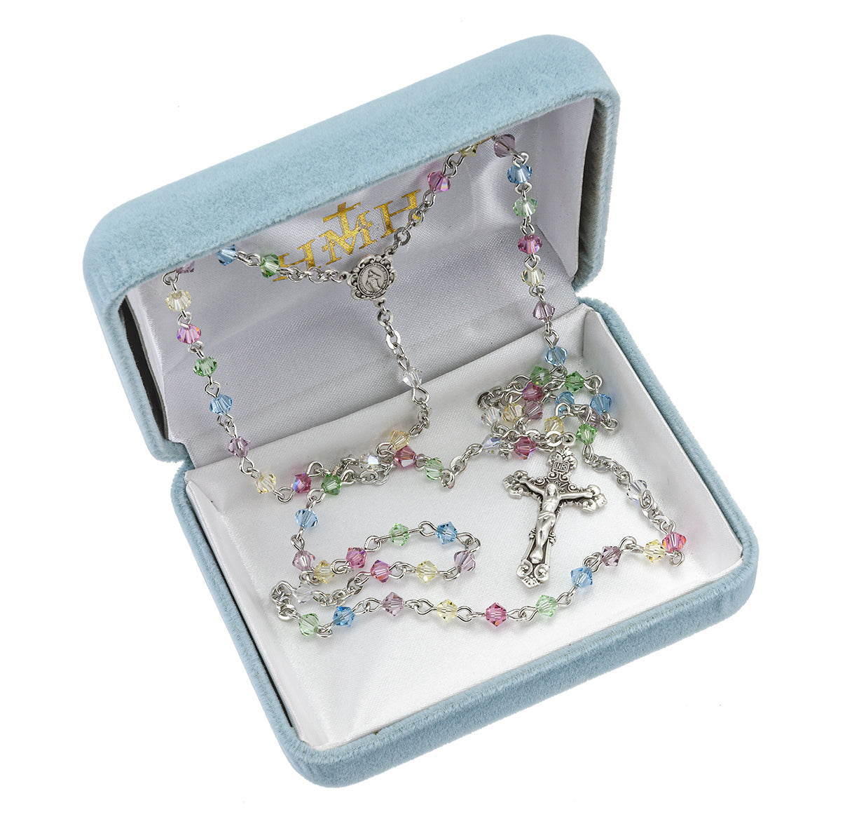 Sterling Silver Rosary Handmade with finest Austrian Multi-Colored Crystal Faceted Beads by HMH | .925 Silver