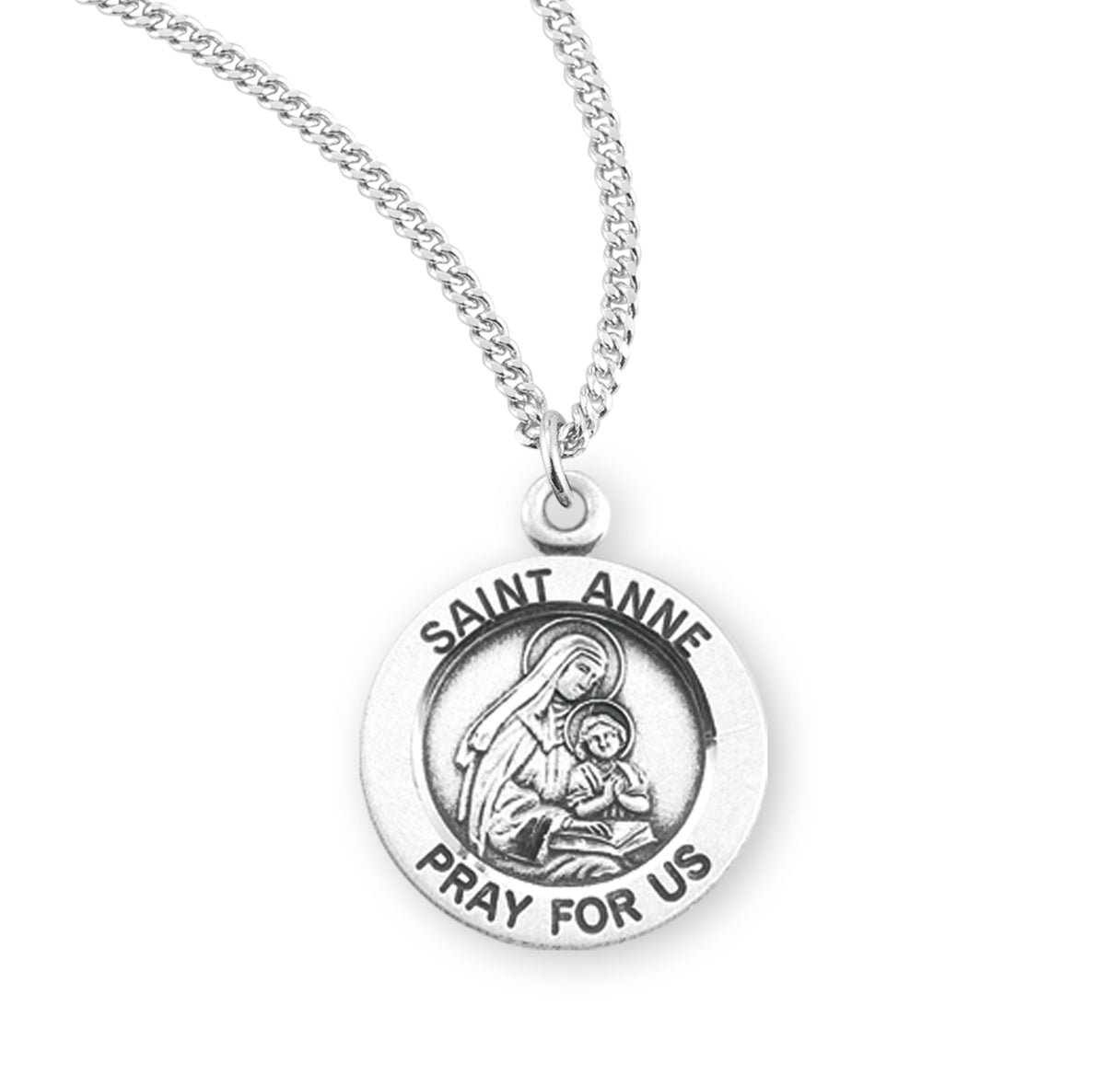 Patron Saint Anne Round Sterling Silver Medal Pendant with Chain | .925 Silver