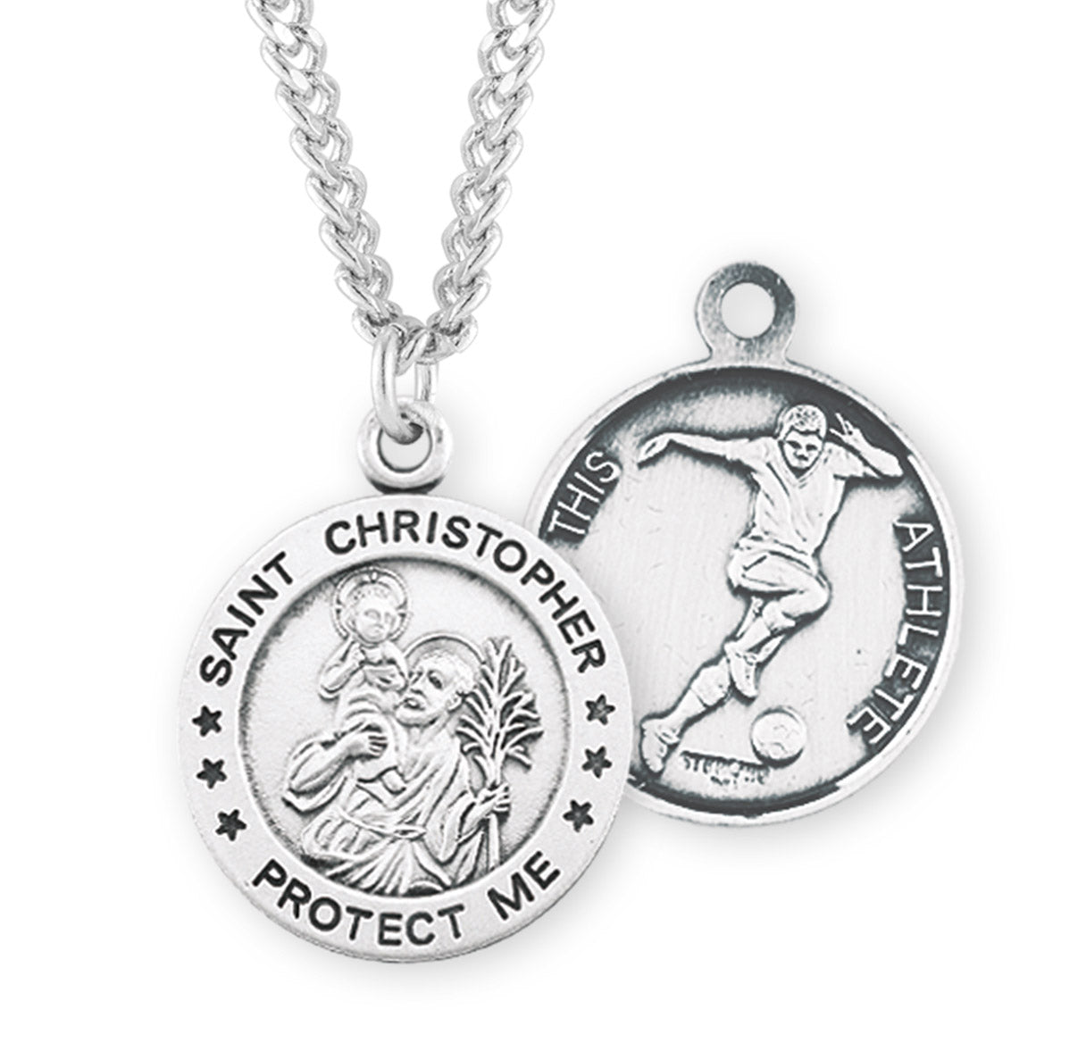 Saint Christopher Round Sterling Silver Soccer Male Athlete Medal Pendant with Chain | .925 Silver