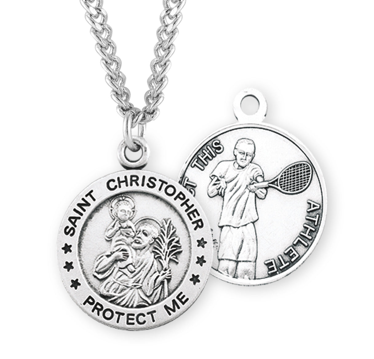 Saint Christopher Round Sterling Silver Tennis Male Athlete Medal Pendant with Chain | .925 Silver
