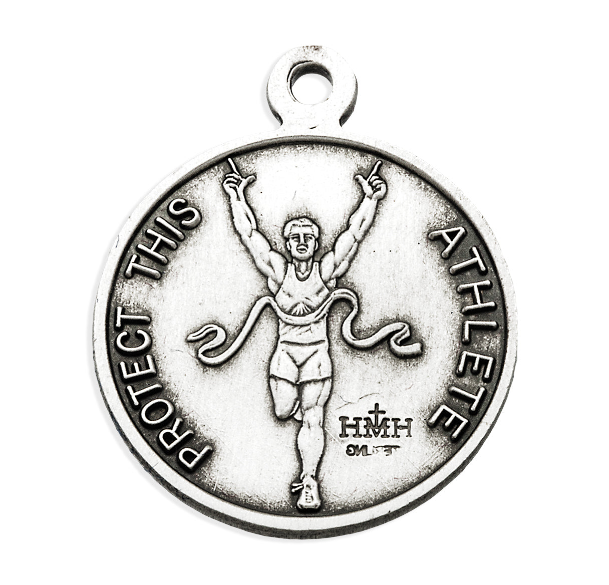 Saint Christopher Round Sterling Silver Track Male Athlete Medal Pendant with Chain | .925 Silver