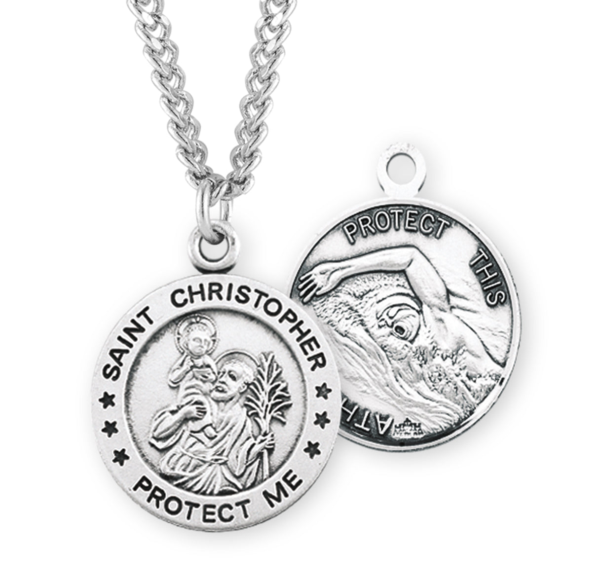 Saint Christopher Round Sterling Silver Swimming Male Athlete Medal Pendant with Chain | .925 Silver