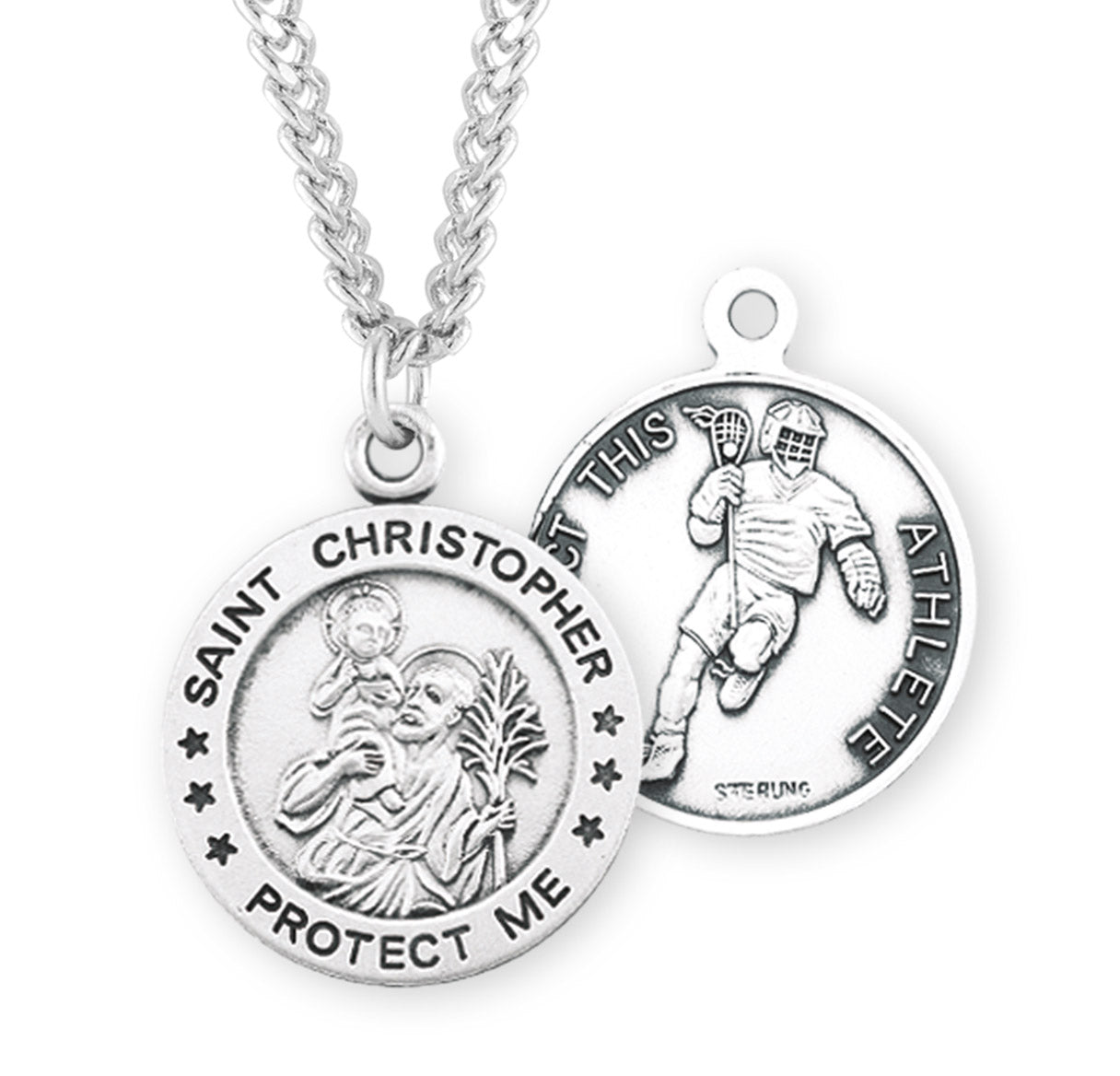 Saint Christopher Round Sterling Silver Lacrosse Male Athlete Medal Pendant with Chain | .925 Silver