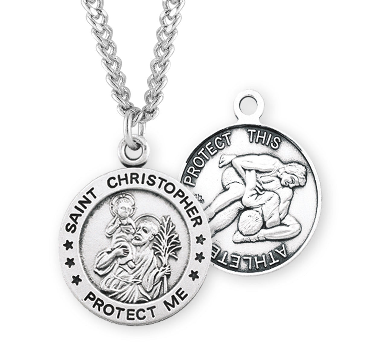 Saint Christopher Round Sterling Silver Wrestling Male Athlete Medal Pendant with Chain | .925 Silver