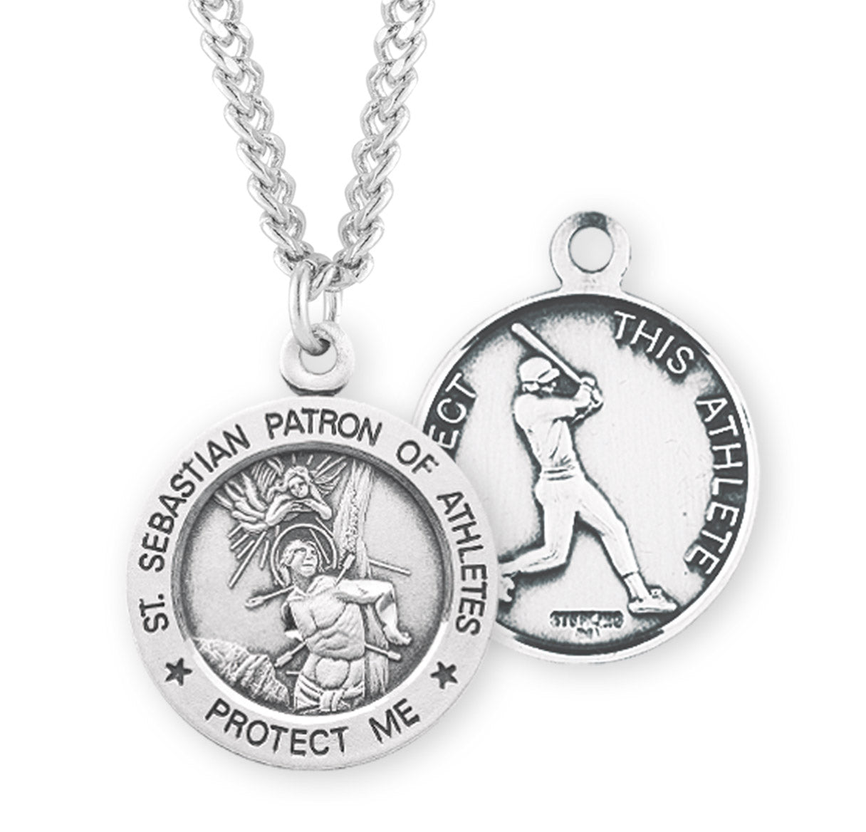 Saint Sebastian Round Sterling Silver Baseball Male Athlete Medal Pendant with Chain | .925 Silver