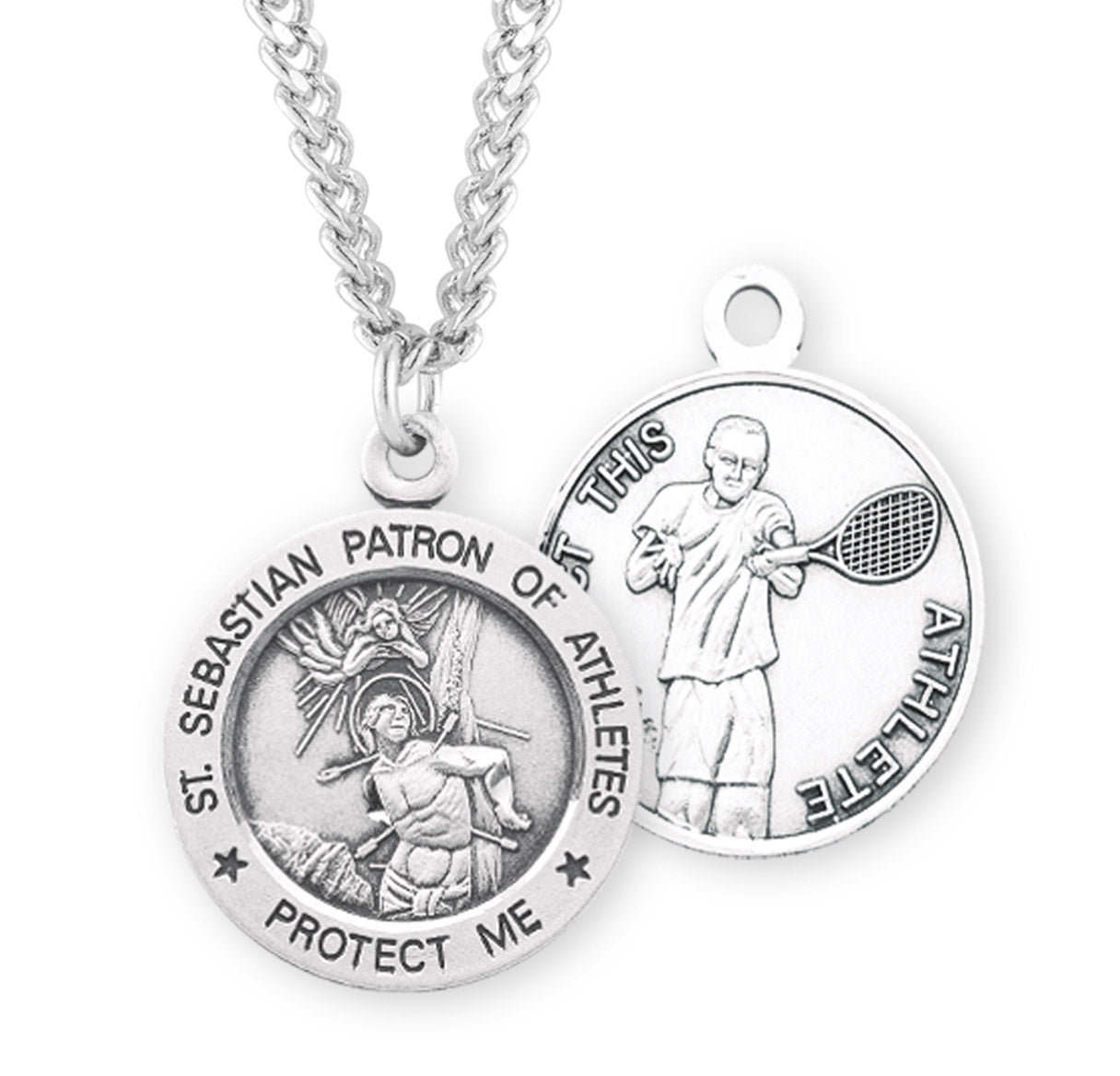 Saint Sebastian Round Sterling Silver Tennis Male Athlete Medal Pendant with Chain | .925 Silver