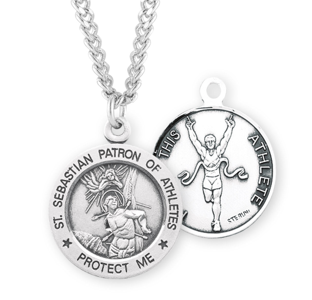 Saint Sebastian Round Sterling Silver Track Male Athlete Medal Pendant with Chain | .925 Silver