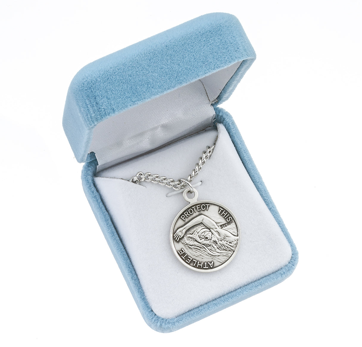 Saint Sebastian Round Sterling Silver Swimming Male Athlete Medal Pendant with Chain | .925 Silver