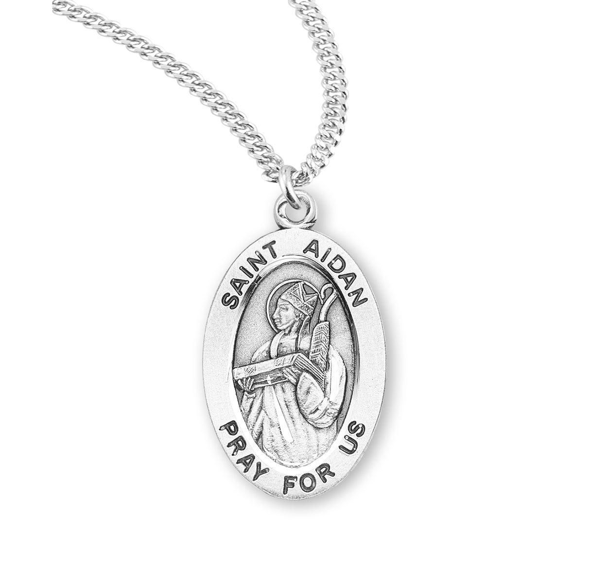 Patron Saint Aidan Oval Sterling Silver Medal Pendant with Chain | .925 Silver