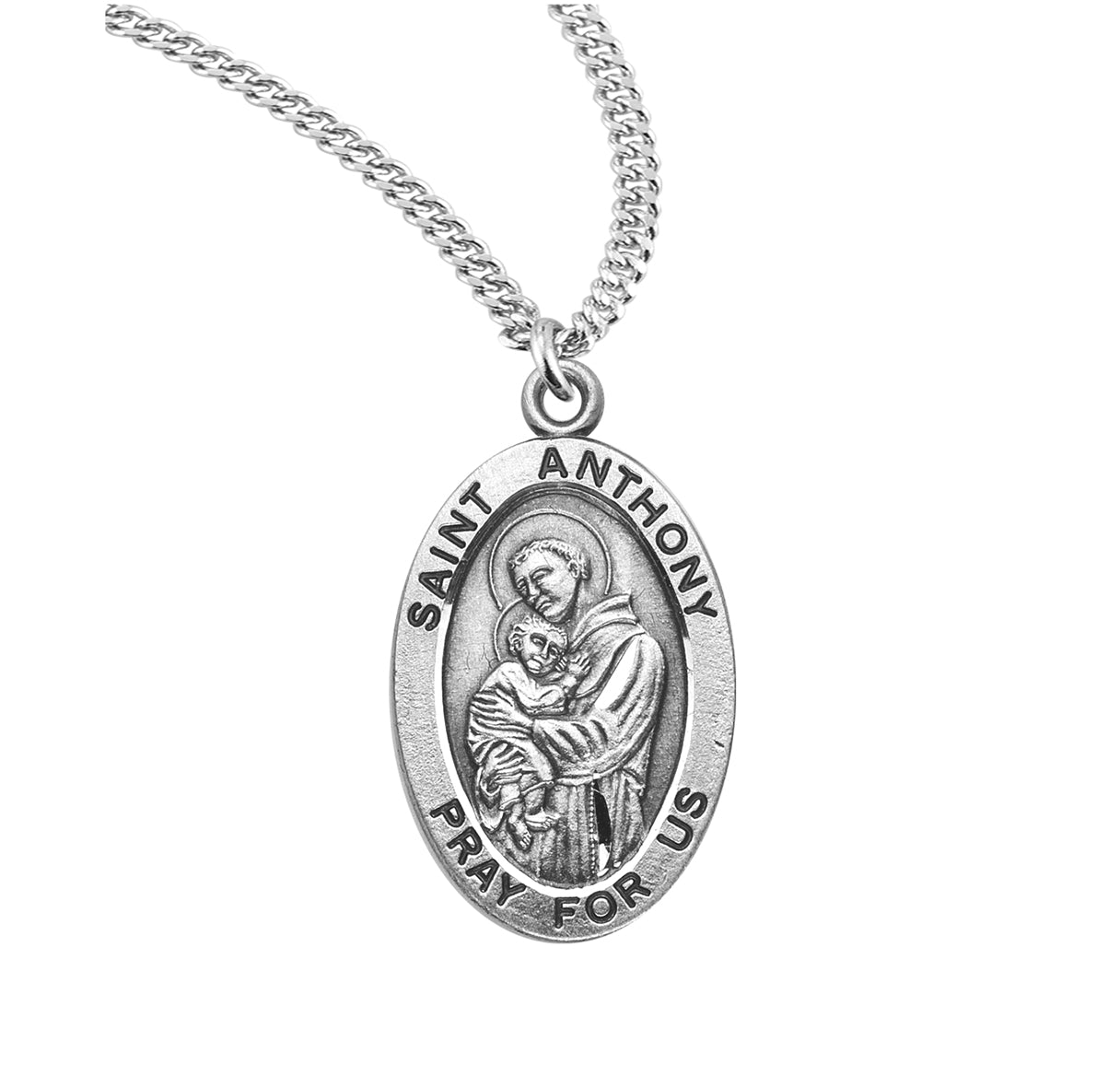 Patron Saint Anthony Oval Sterling Silver Medal Pendant with Chain | .925 Silver