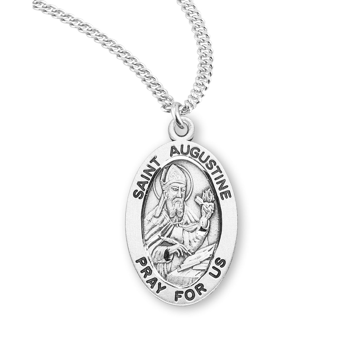 Patron Saint Augustine Oval Sterling Silver Medal Pendant with Chain | .925 Silver