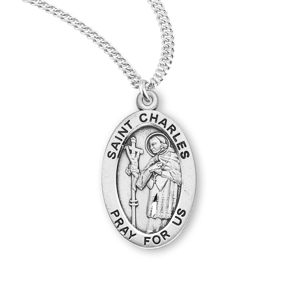 Patron Saint Charles Oval Sterling Silver Medal Pendant with Chain | .925 Silver