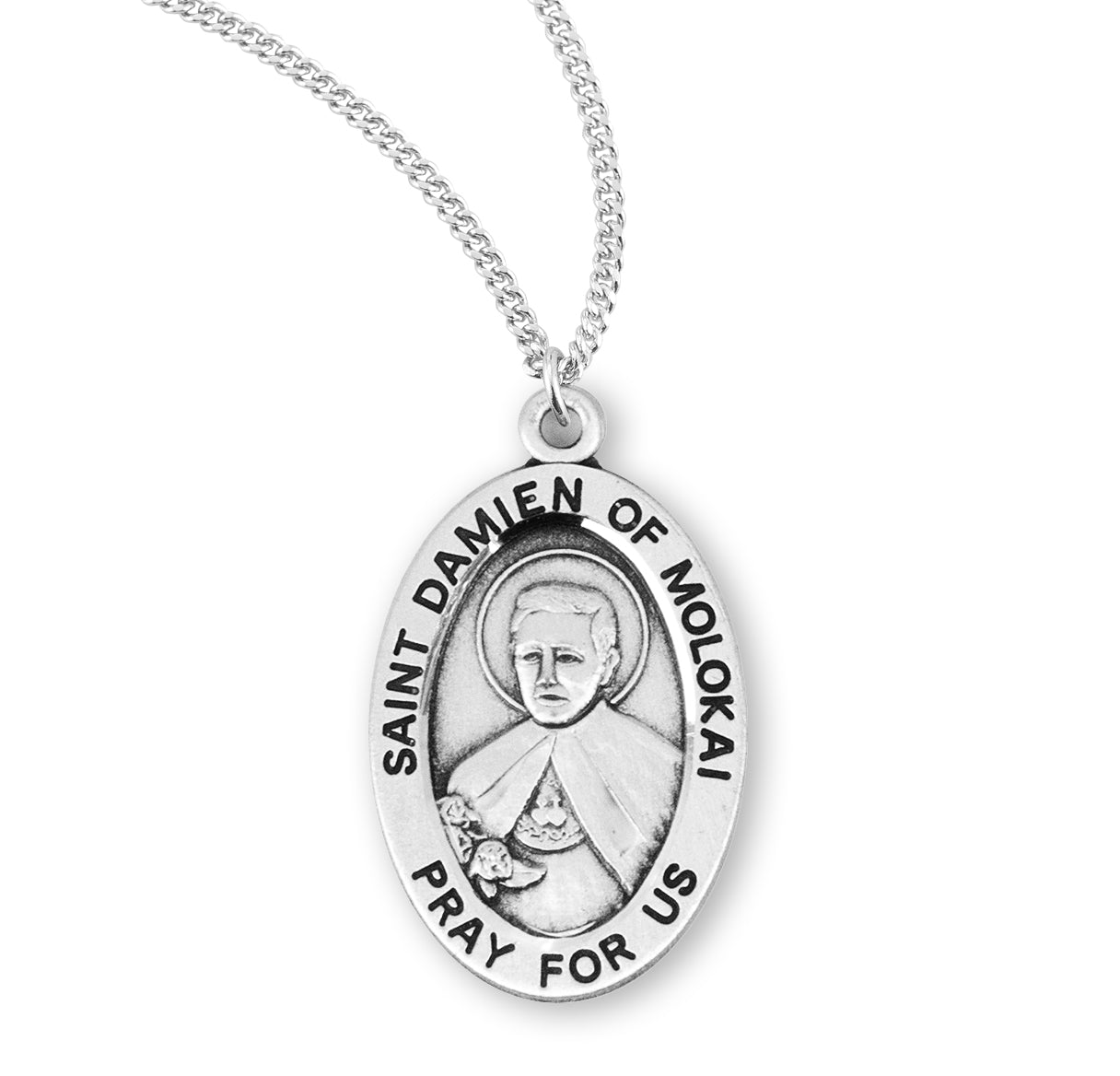 Patron Saint Damian of Molokai Oval Sterling Silver Medal Pendant with Chain | .925 Silver