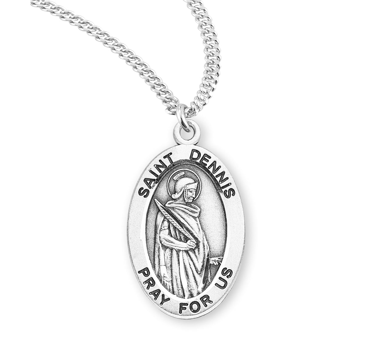 Patron Saint Dennis Oval Sterling Silver Medal Pendant with Chain | .925 Silver