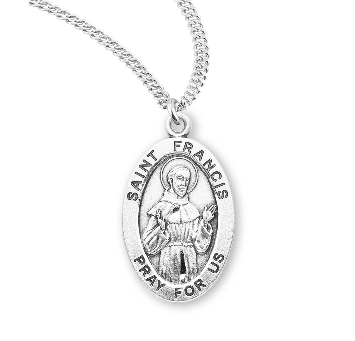 Patron Saint Francis Assisi Oval Sterling Silver Medal Pendant with Chain | .925 Silver