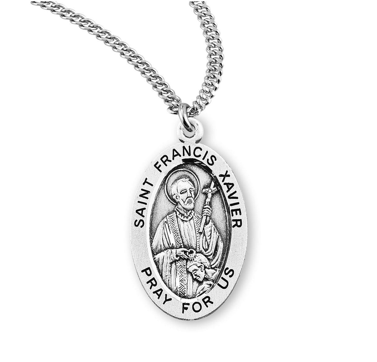Patron Saint Francis Xavier Oval Sterling Silver Medal Pendant with Chain | .925 Silver