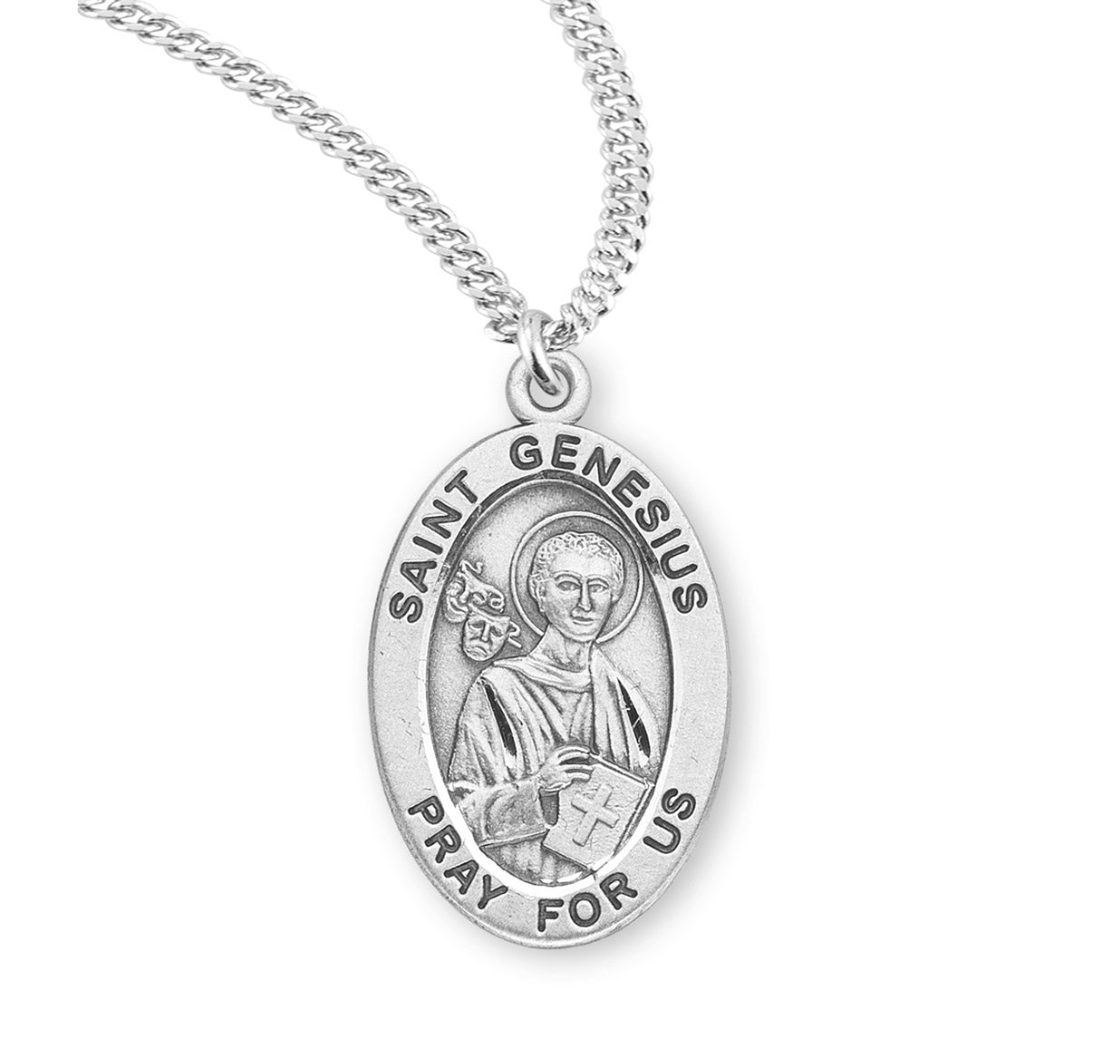 Patron Saint Genesius Oval Sterling Silver Medal Pendant with Chain | .925 Silver