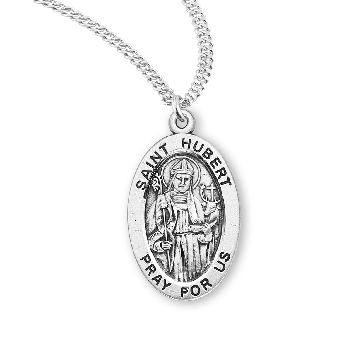 Patron Saint Hubert Oval Sterling Silver Medal Pendant with Chain | .925 Silver