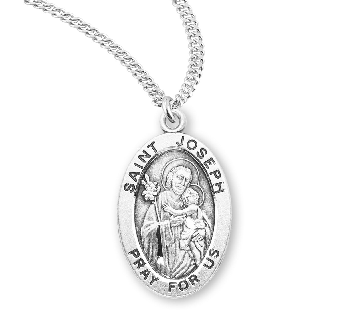 Patron Saint Joseph Oval Sterling Silver Medal Pendant with Chain | .925 Silver