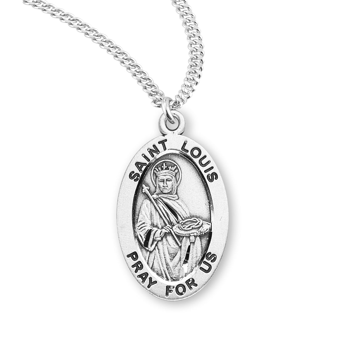 Patron Saint Louis Oval Sterling Silver Medal Pendant with Chain | .925 Silver