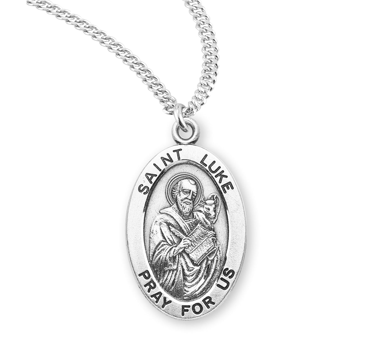 Patron Saint Luke Oval Sterling Silver Medal Pendant with Chain | .925 Silver