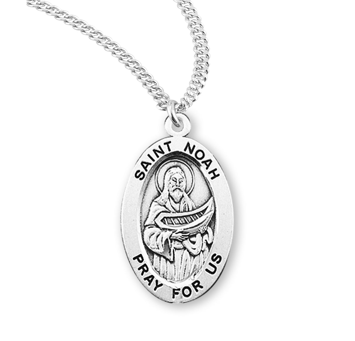Patron Saint Noah Oval Sterling Silver Medal Pendant with Chain | .925 Silver