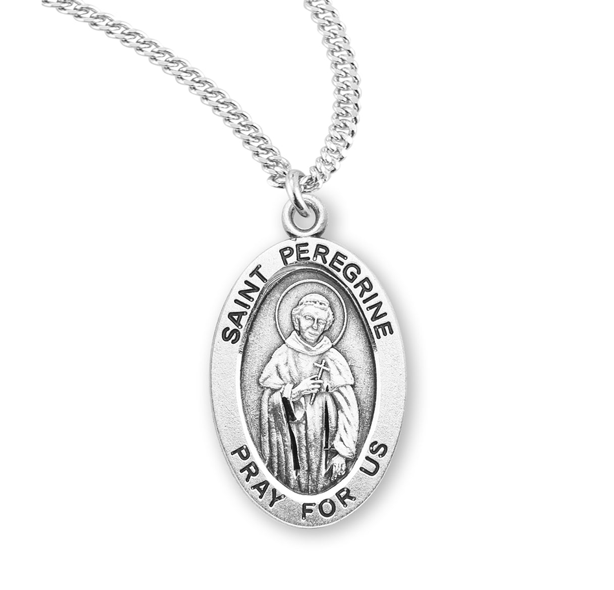 Patron Saint Peregrine Oval Sterling Silver Medal Pendant with Chain | .925 Silver