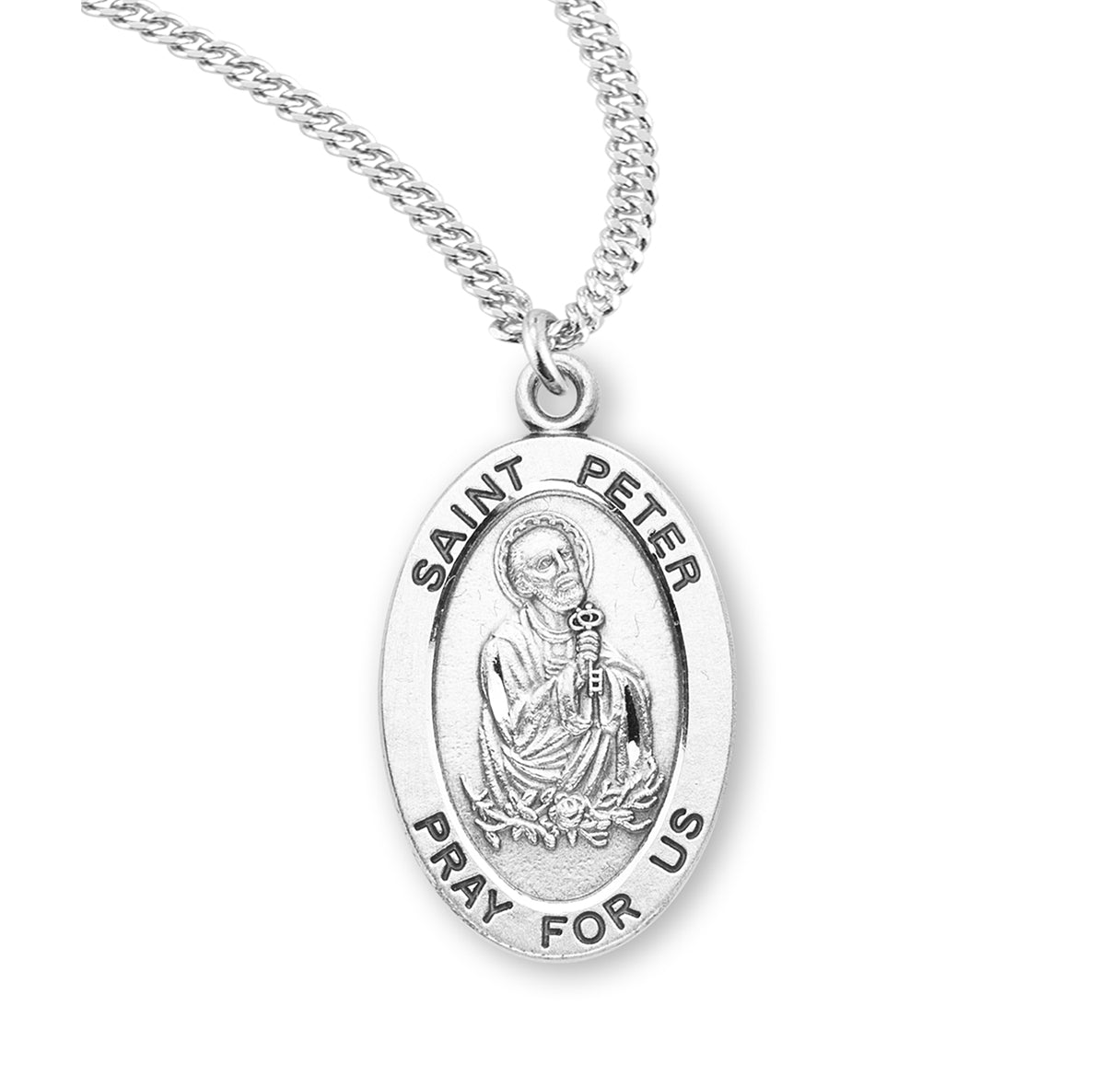 Patron Saint Peter Oval Sterling Silver Medal Pendant with Chain | .925 Silver