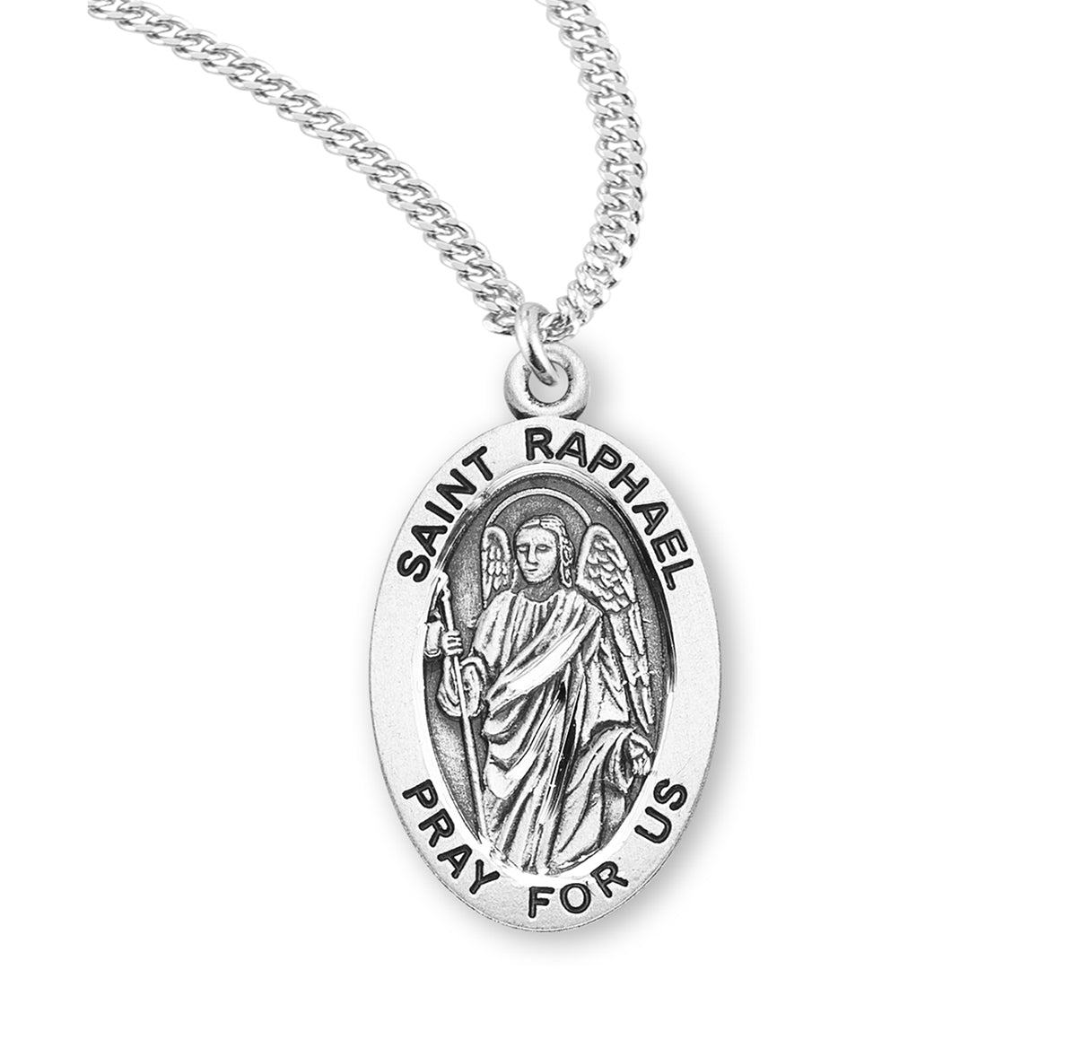Patron Saint Raphael Archangel Oval Sterling Silver Medal Pendant with Chain | .925 Silver