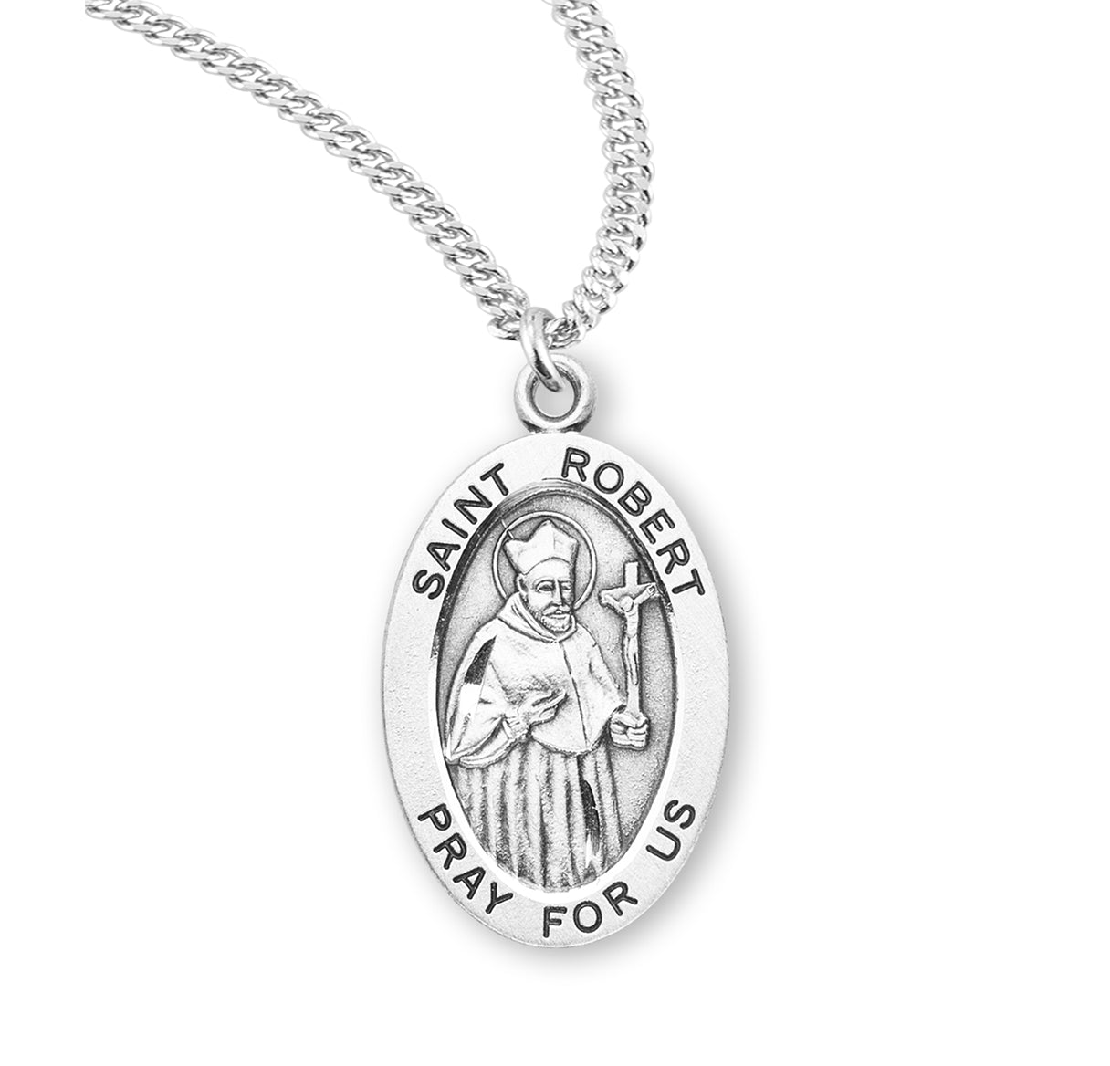 Patron Saint Robert Oval Sterling Silver Medal Pendant with Chain | .925 Silver