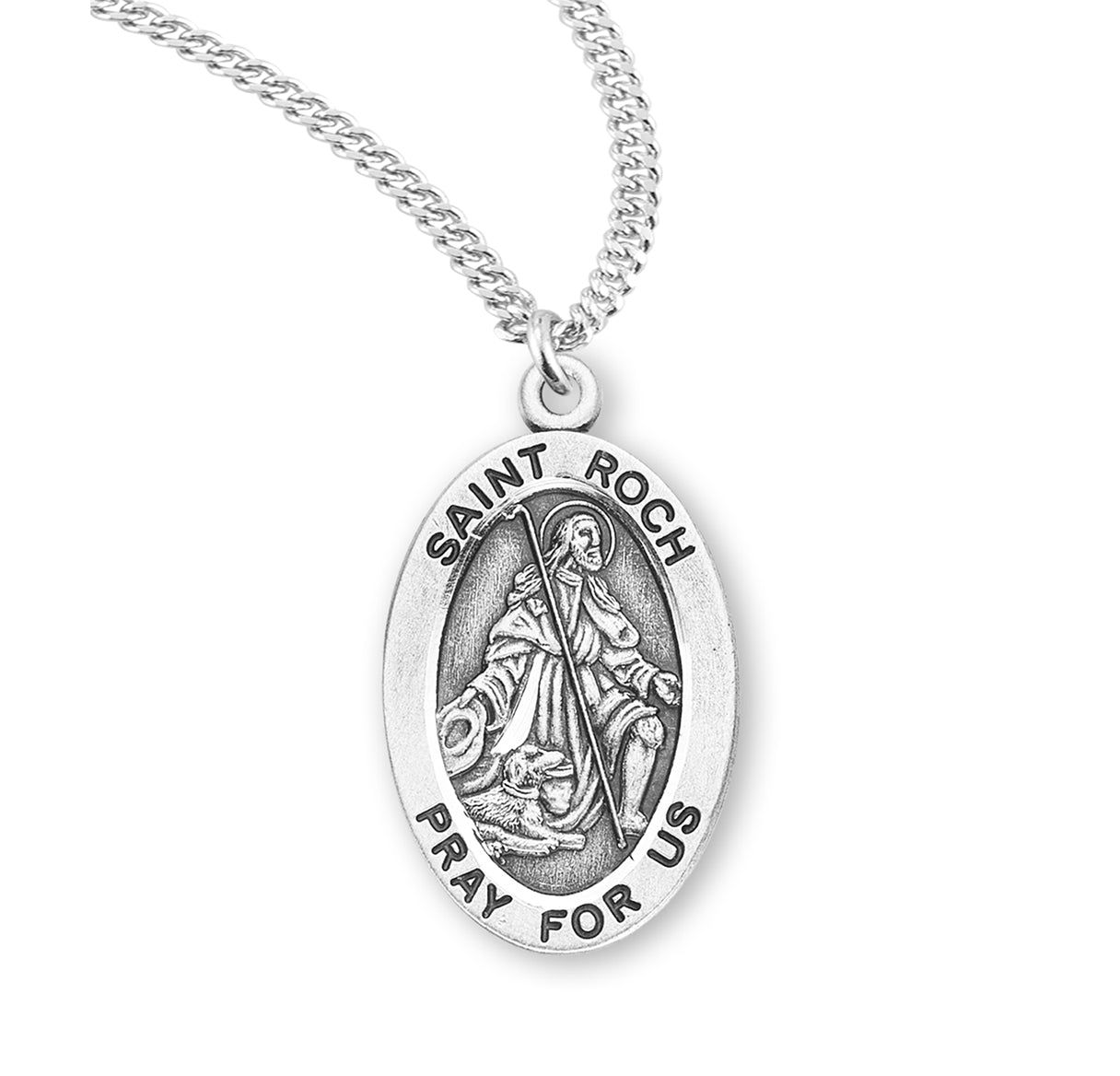 Patron Saint Roch Oval Sterling Silver Medal Pendant with Chain | .925 Silver