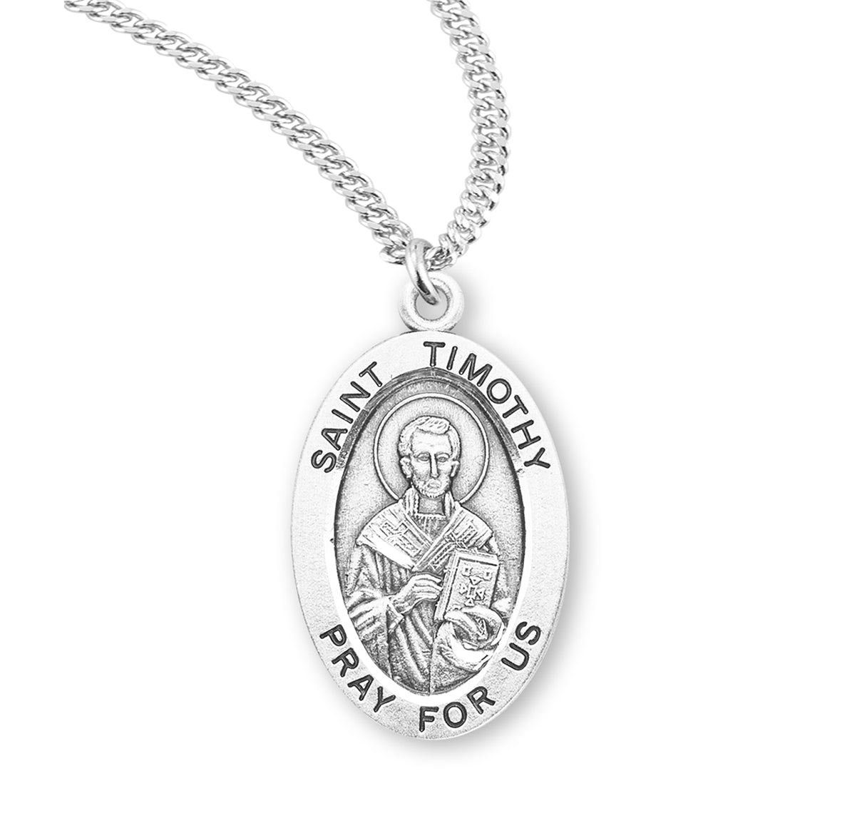 Patron Saint Timothy Oval Sterling Silver Medal Pendant with Chain | .925 Silver