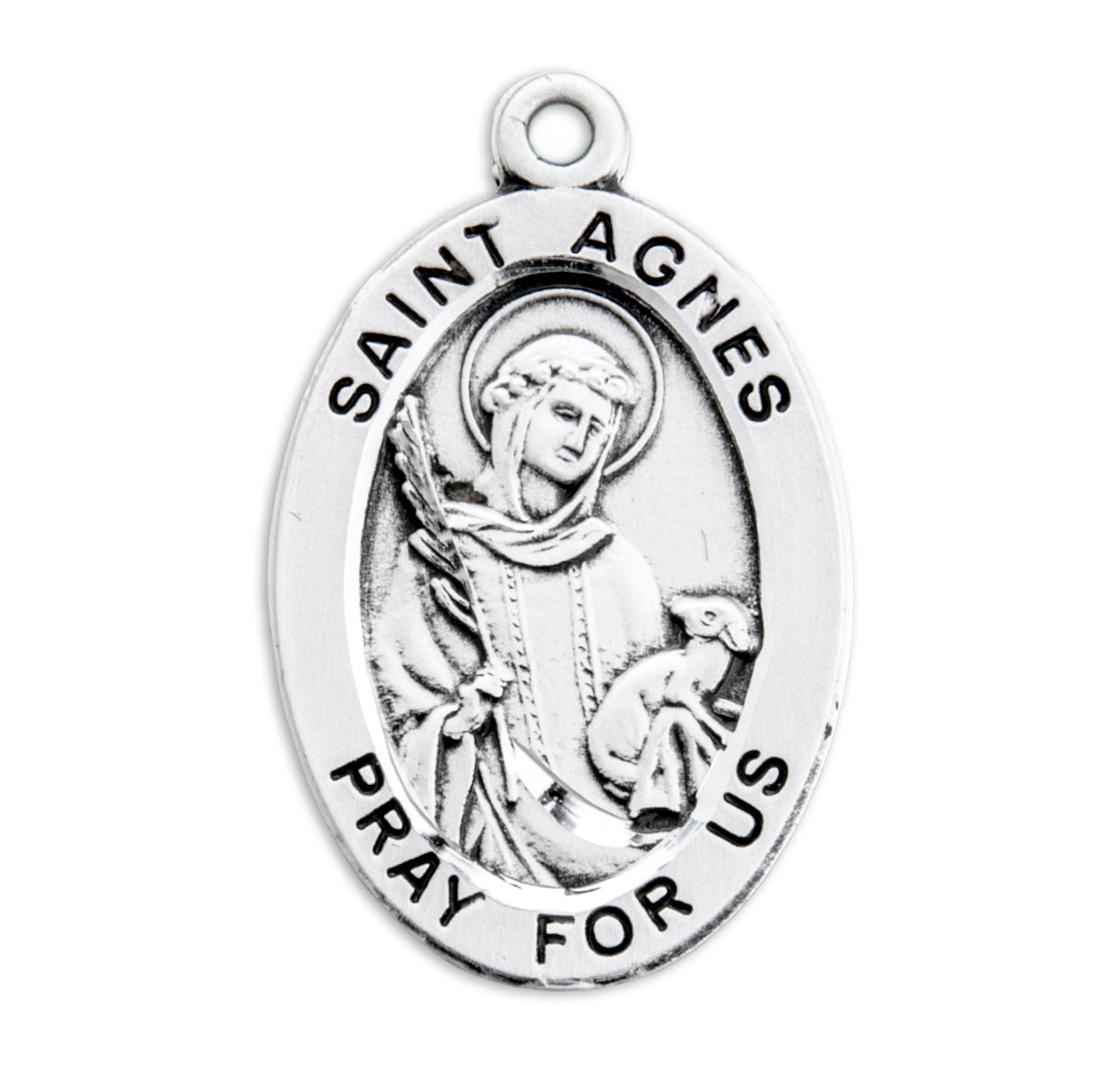 Patron Saint Agnes Oval Sterling Silver Medal Pendant with Chain | .925 Silver