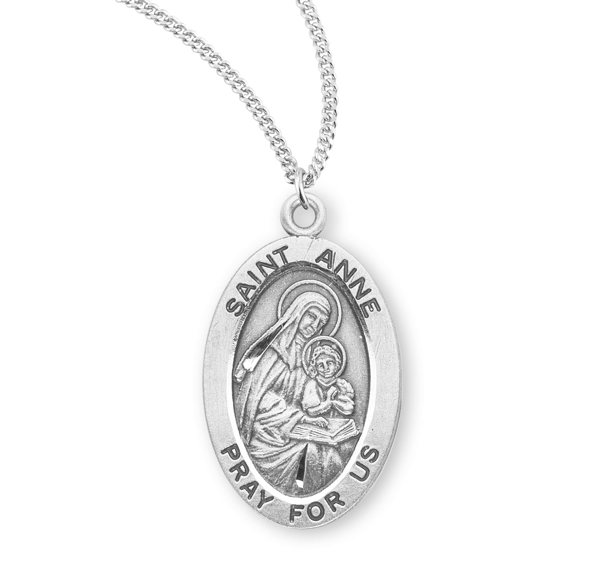 Patron Saint Anne Oval Sterling Silver Medal Pendant with Chain | .925 Silver