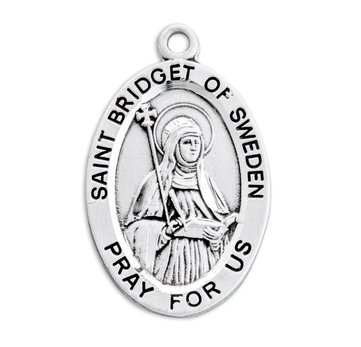 Patron Saint Bridget of Sweden Oval Sterling Silver Medal Pendant with Chain | .925 Silver