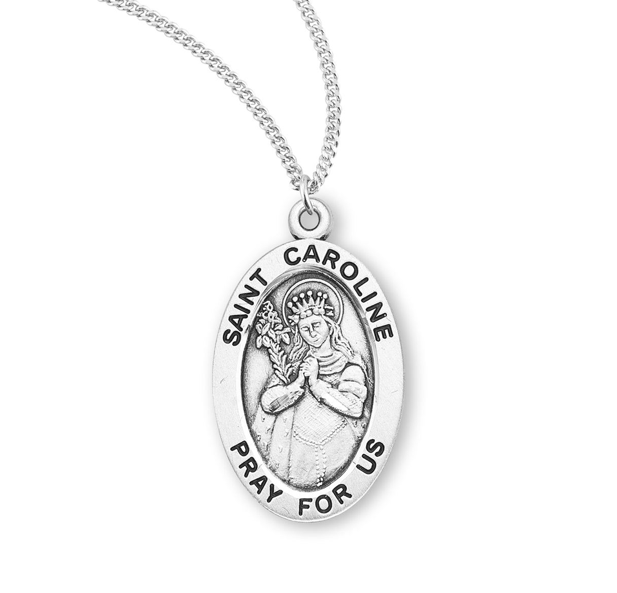 Patron Saint Caroline Oval Sterling Silver Medal Pendant with Chain | .925 Silver