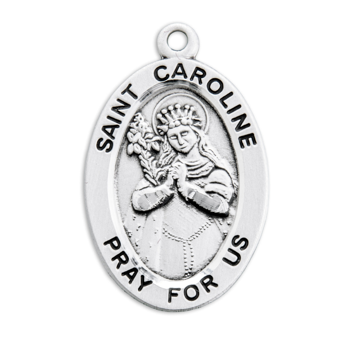 Patron Saint Caroline Oval Sterling Silver Medal Pendant with Chain | .925 Silver