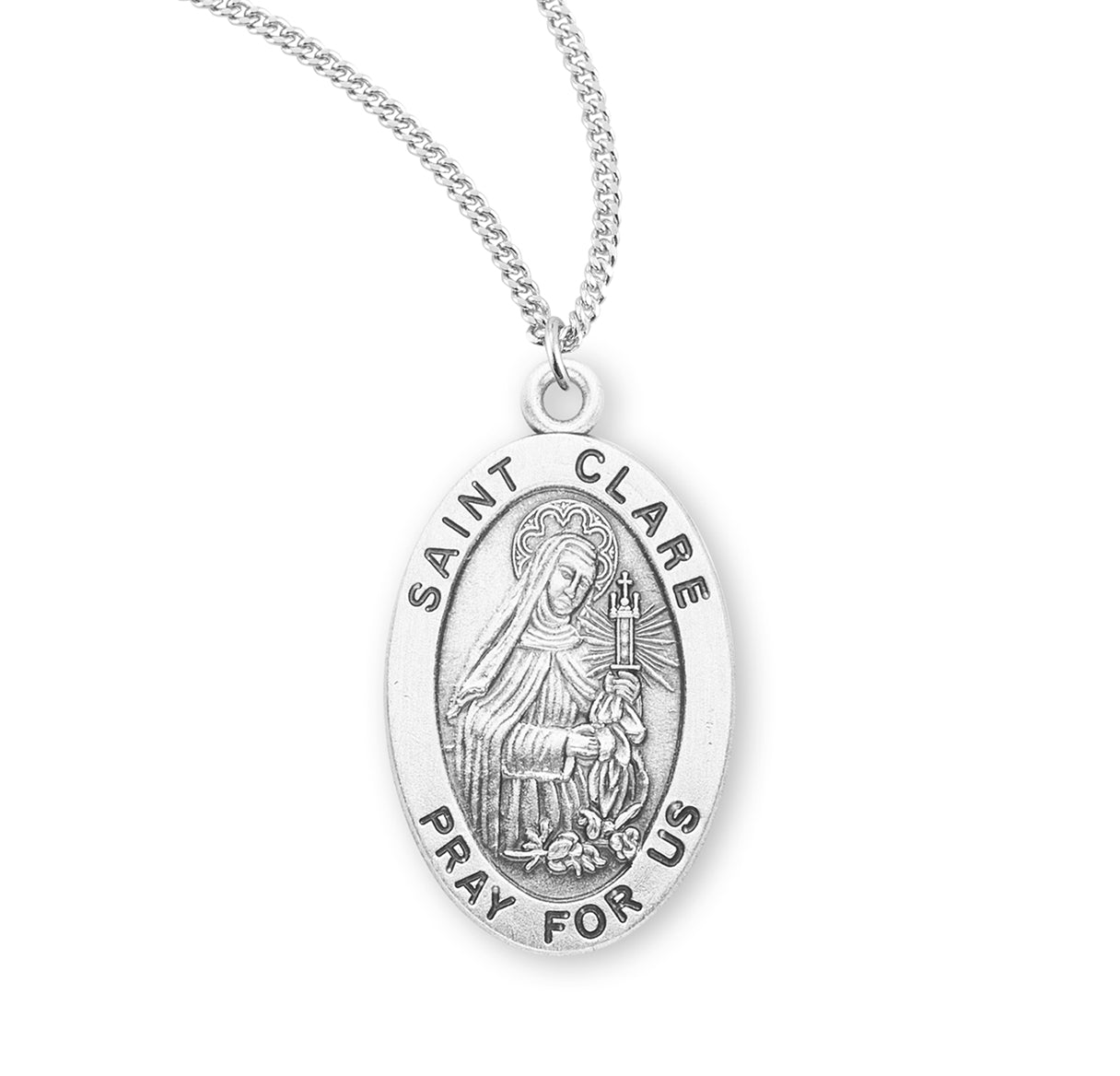 Patron Saint Clare Oval Sterling Silver Medal Pendant with Chain | .925 Silver