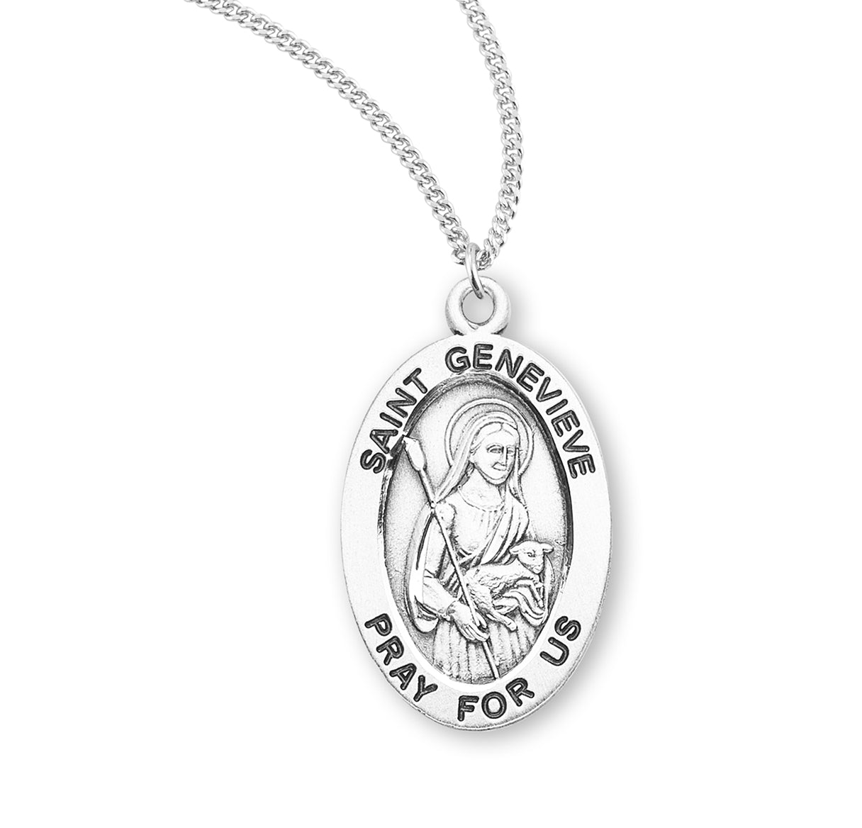 Patron Saint Genevieve Oval Sterling Silver Medal Pendant with Chain | .925 Silver