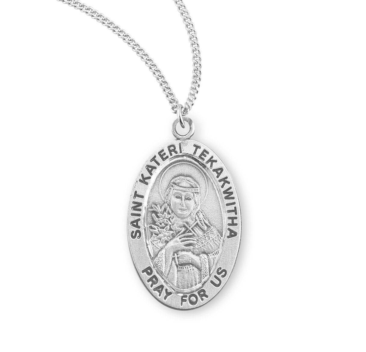 Patron Saint Kateri Tekakwitha Oval Sterling Silver Medal Pendant with Chain | .925 Silver