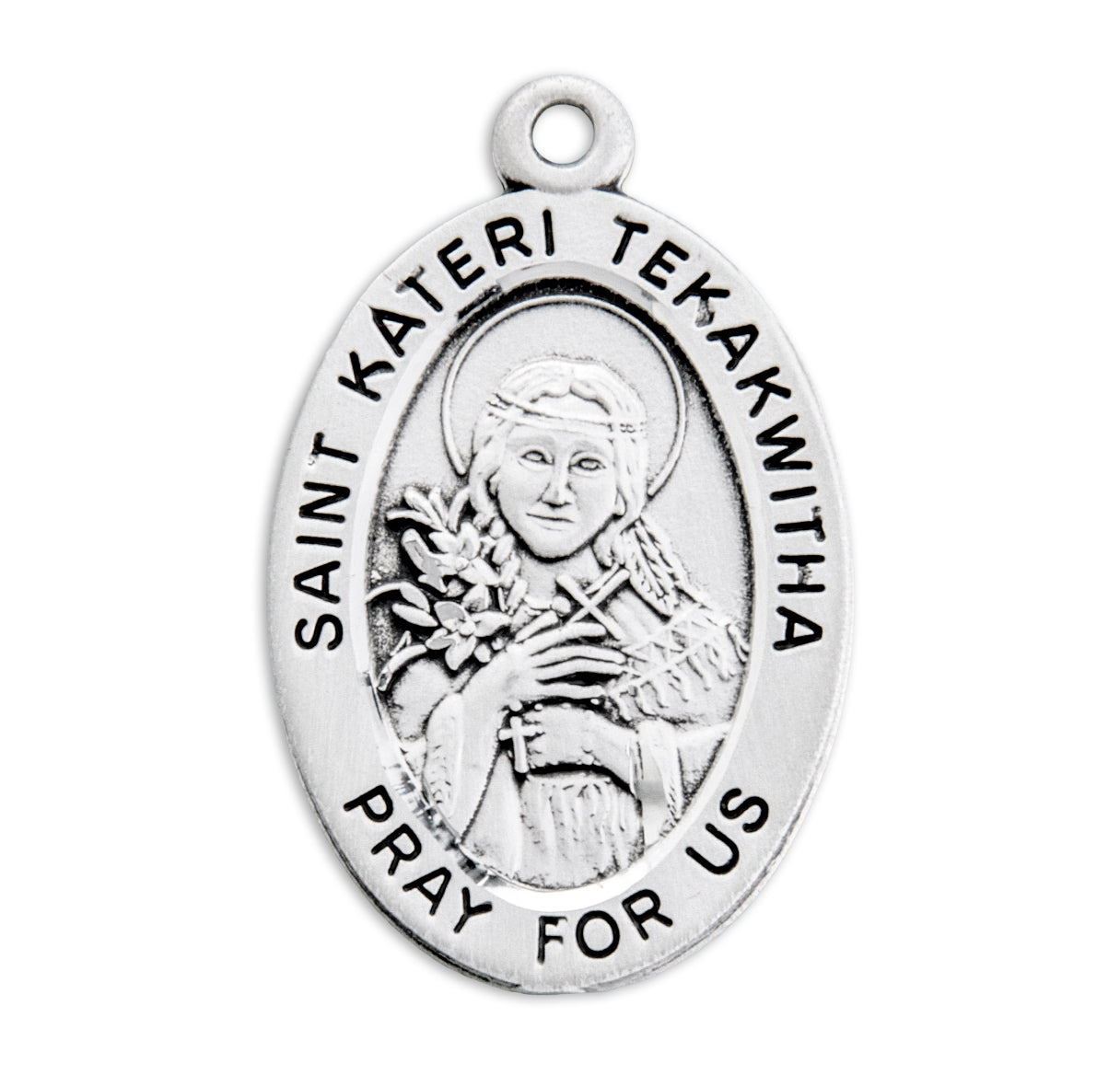Patron Saint Kateri Tekakwitha Oval Sterling Silver Medal Pendant with Chain | .925 Silver