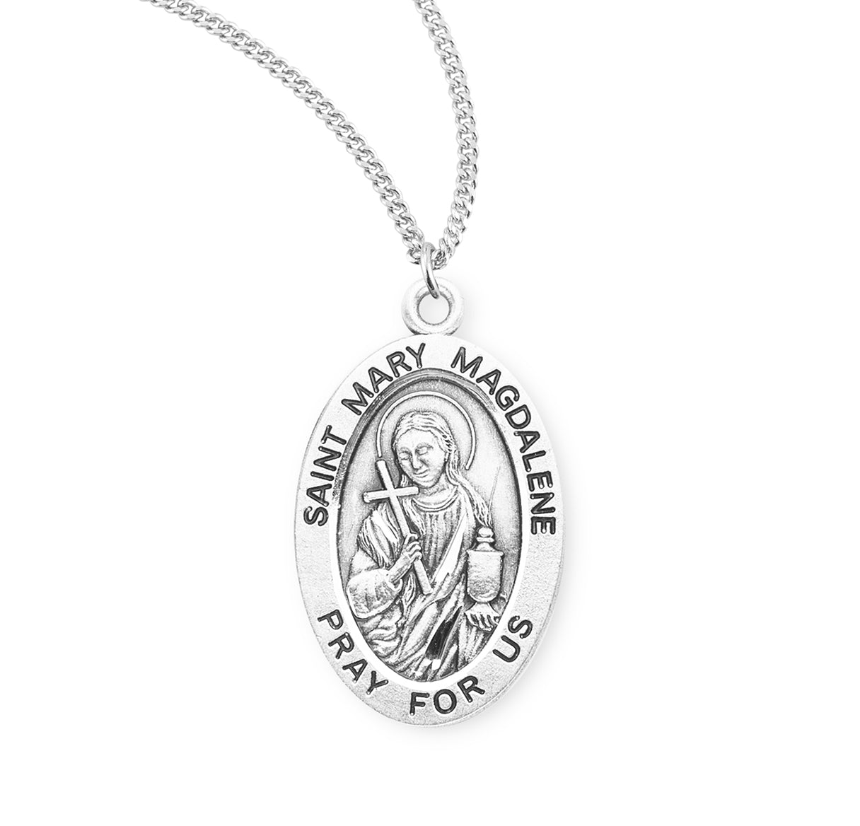 Patron Saint Mary Magdalene Oval Sterling Silver Medal Pendant with Chain | .925 Silver