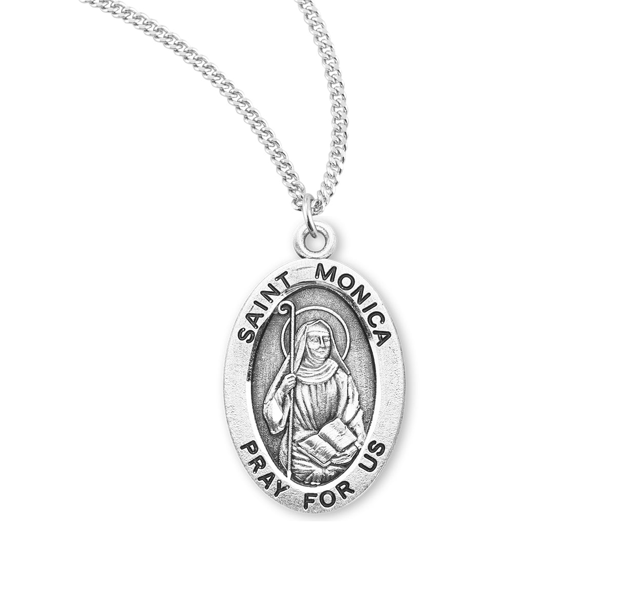 Patron Saint Monica Oval Sterling Silver Medal Pendant with Chain | .925 Silver