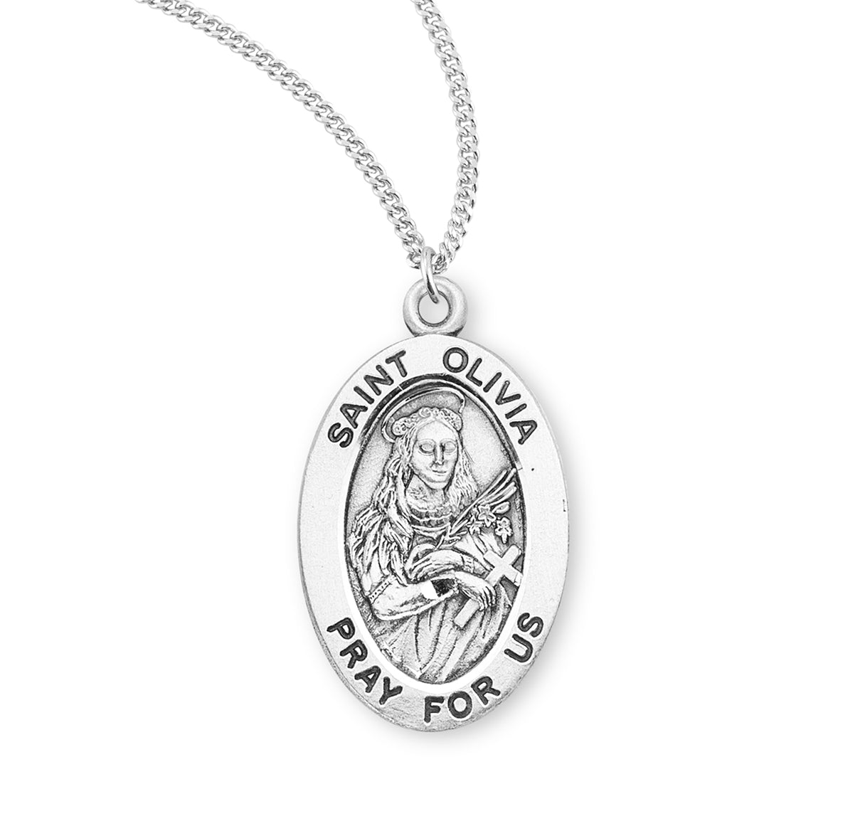Patron Saint Olivia Oval Sterling Silver Medal Pendant with Chain | .925 Silver