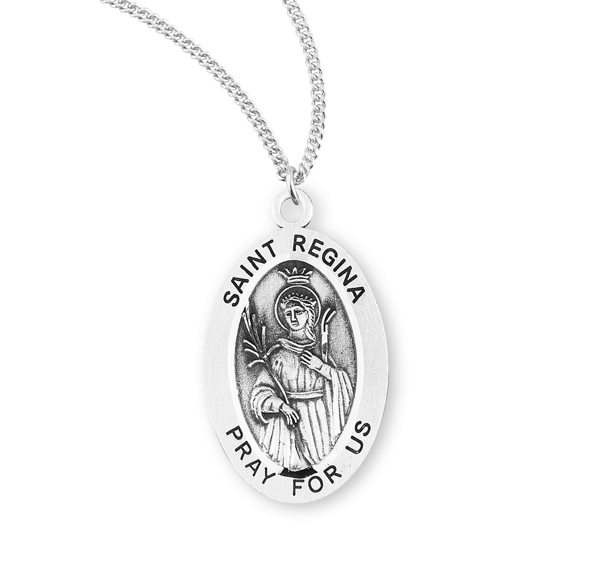 Patron Saint Regina Oval Sterling Silver Medal Pendant with Chain | .925 Silver
