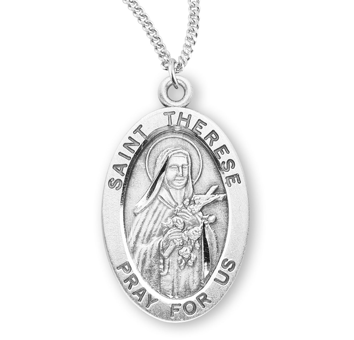 Patron Saint Therese of Lisieux Oval Sterling Silver Medal Pendant with Chain | .925 Silver