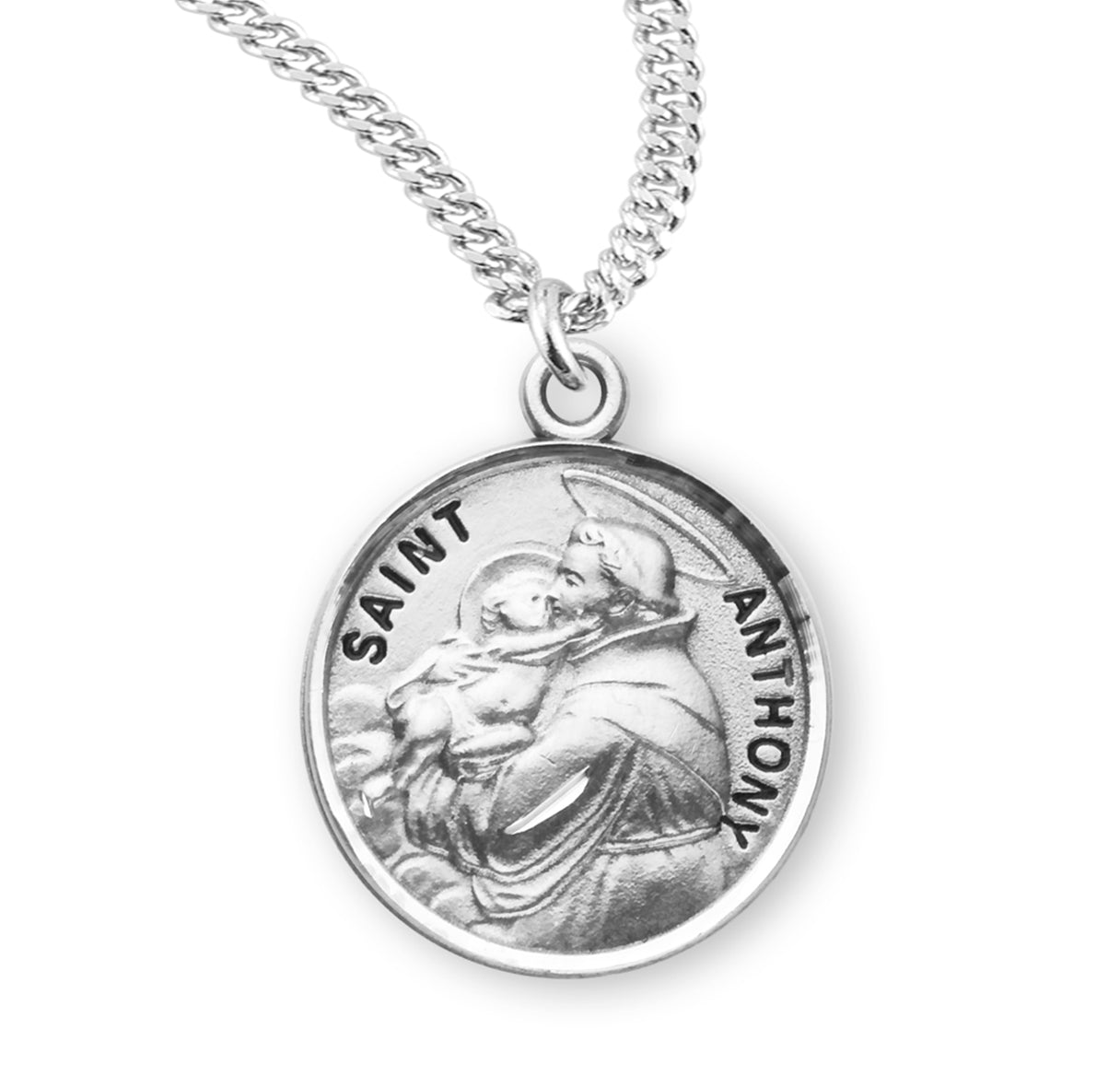 Patron Saint Anthony Round Sterling Silver Medal Pendant with Chain | .925 Silver