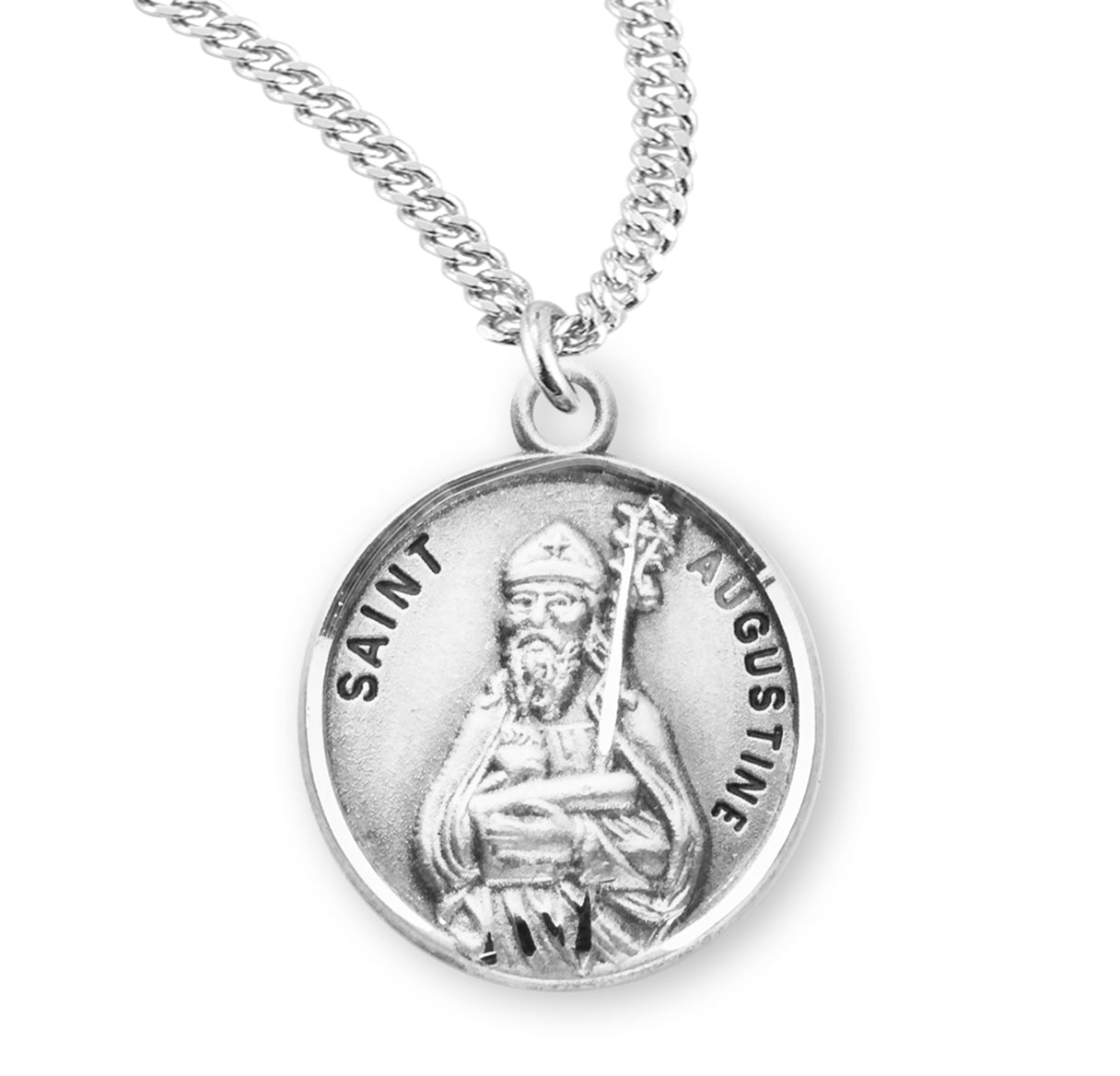 Patron Saint Augustine Round Sterling Silver Medal Pendant with Chain | .925 Silver