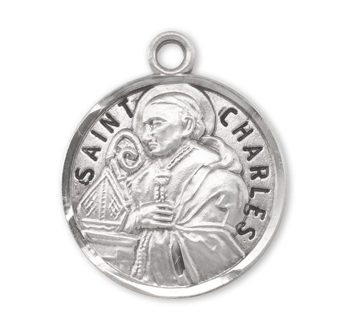 Patron Saint Charles Round Sterling Silver Medal Pendant with Chain | .925 Silver